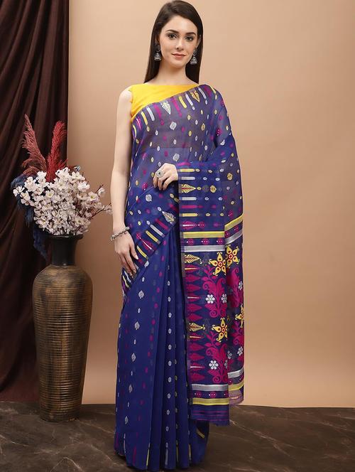 dark blue cotton jamdani saree - 20197122 - Very Small Image - 1