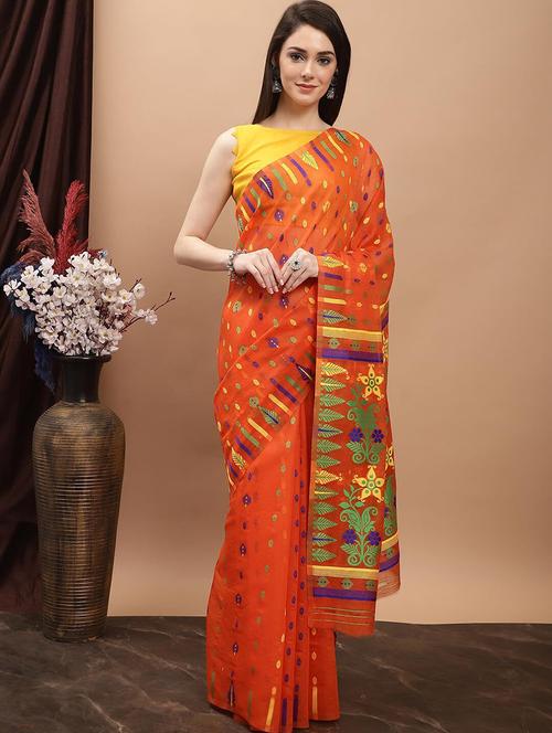 orange cotton jamdani saree - 20197125 - Very Small Image - 1