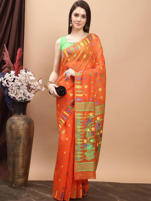 orange cotton jamdani saree - 20197126 - Very Small Image - 1