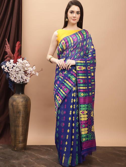 dark blue cotton jamdani saree - 20197137 - Very Small Image - 1
