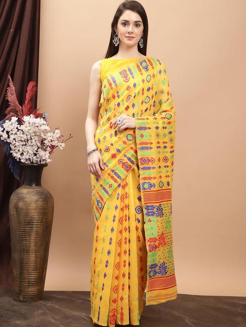 yellow cotton jamdani saree - 20197138 - Very Small Image - 1