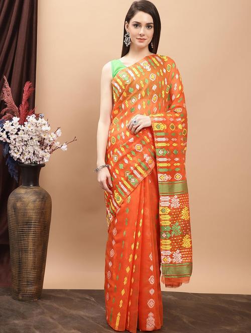 orange cotton jamdani saree - 20197144 - Very Small Image - 1