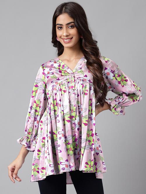 women purple v neck florals print top - 20197286 - Very Small Image - 1