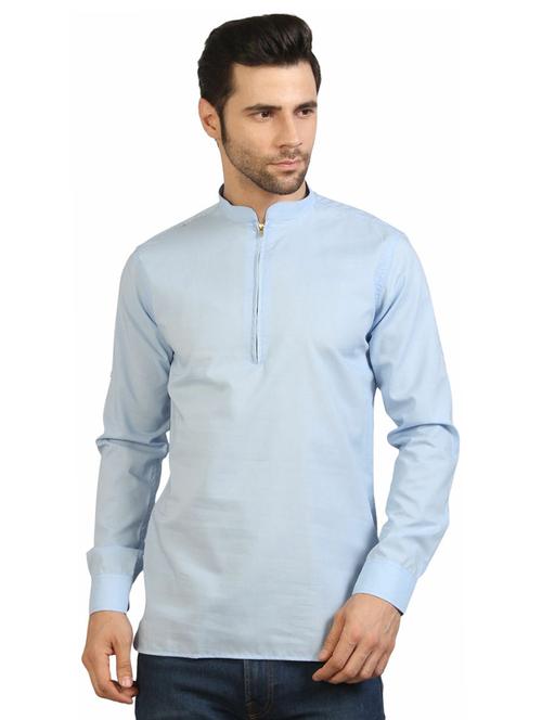 men light blue cotton short kurta with zipper closure - 20197303 - Very Small Image - 1