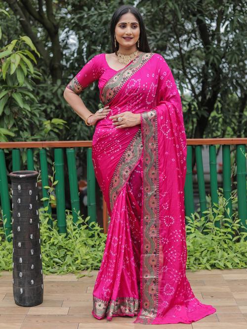 pink silk blend bandhani saree with blouse - 20200910 - Very Small Image - 1