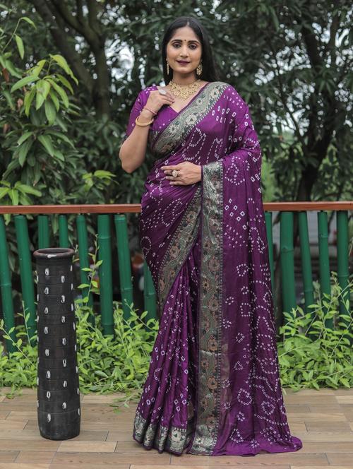 purple silk blend bandhani saree with blouse - 20200927 - Very Small Image - 1