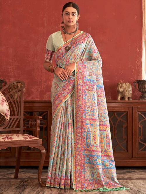light green silk blend saree with blouse - 20201056 - Very Small Image - 1