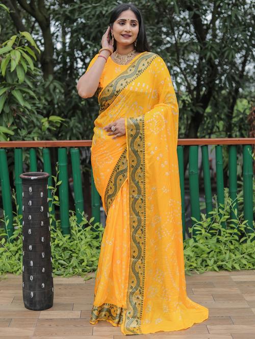 yellow silk blend bandhani saree - 20201088 - Very Small Image - 1