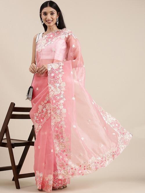 pink embroidered saree with blouse - 20201142 - Very Small Image - 1