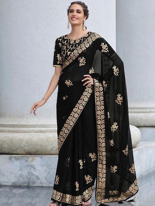 black georgette saree with blouse - 20201162 - Very Small Image - 1