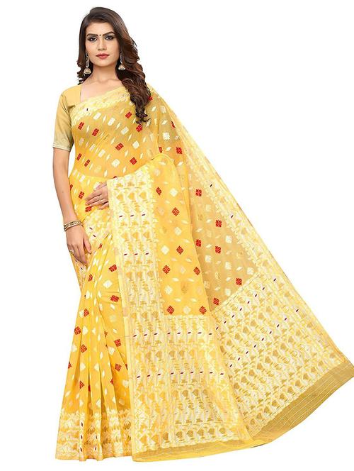 yellow cotton silk jamdani saree - 20201220 - Very Small Image - 1