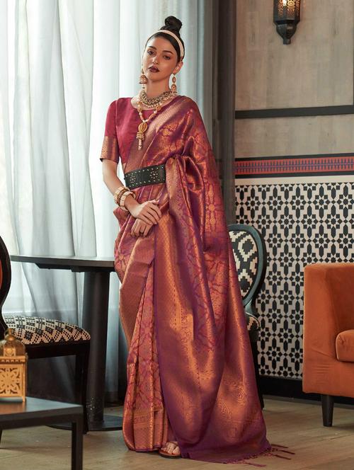 maroon silk blend kanjivaram saree with blouse - 20201233 - Very Small Image - 1