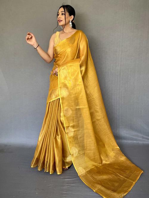yellow silk blend banarasi saree with blouse - 20201298 - Very Small Image - 1