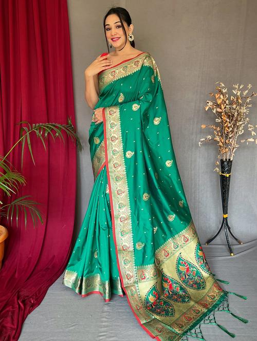 green silk blend paithani saree - 20201348 - Very Small Image - 1