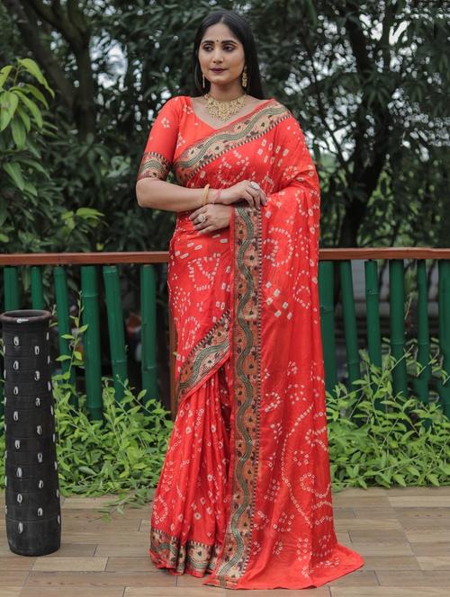 orange silk blend bandhani saree - 20201429 - Very Small Image - 1