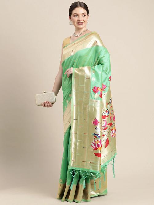 light green silk blend banarasi saree with blouse - 20201551 - Very Small Image - 1