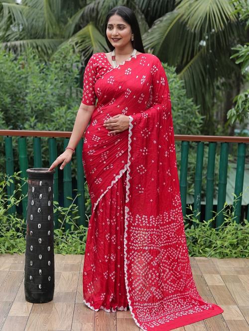 red cotton silk bandhani saree with blouse - 20201679 - Very Small Image - 1