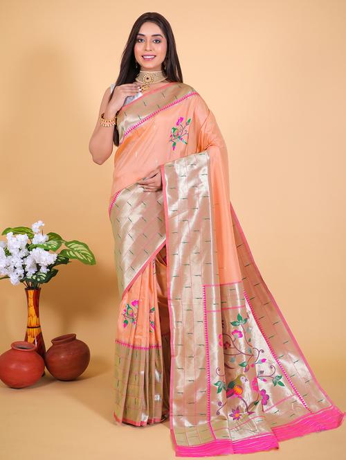 orange silk blend banarasi saree - 20201697 - Very Small Image - 1
