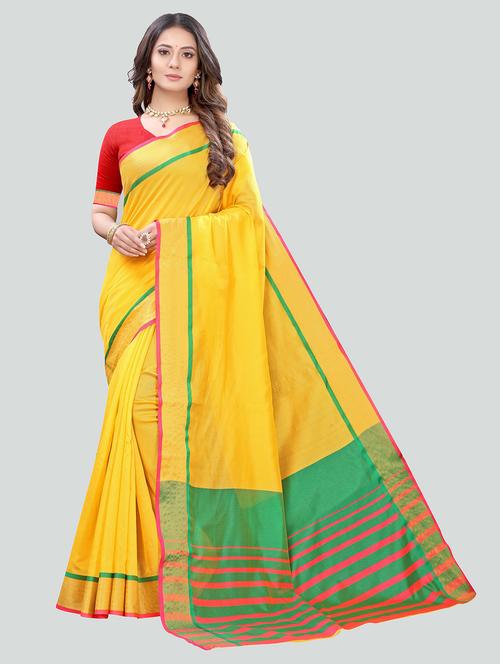 yellow cotton blend banarasi saree with blouse - 20201744 - Very Small Image - 1