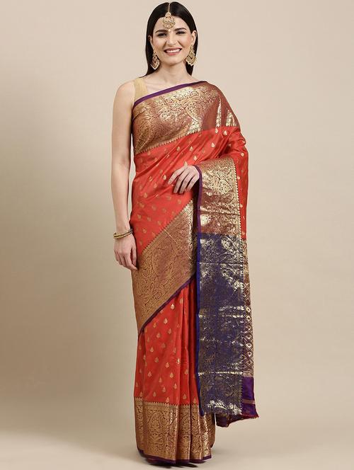 orange silk blend banarasi saree with blouse - 20202103 - Very Small Image - 1