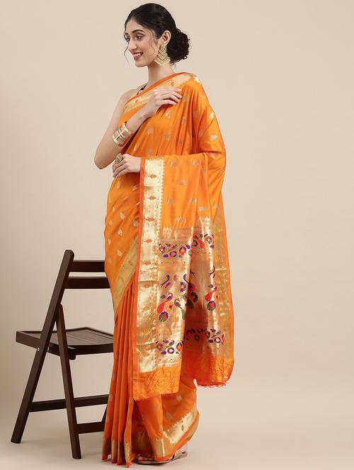 orange cotton blend banarasi saree with blouse - 20202111 - Very Small Image - 1