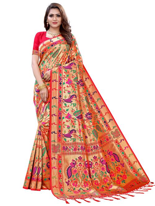 orange cotton blend paithani saree with blouse - 20202120 - Very Small Image - 1