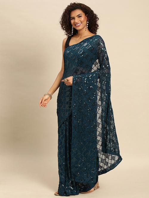 dark green georgette saree with blouse - 20202137 - Very Small Image - 1