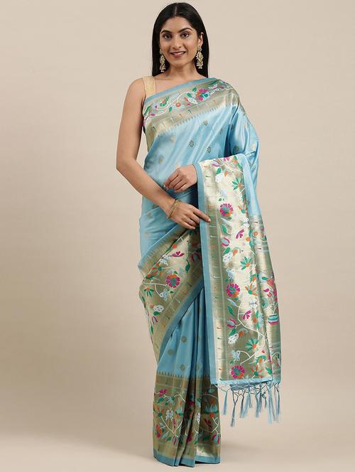 light blue cotton blend saree with blouse - 20202150 - Very Small Image - 1