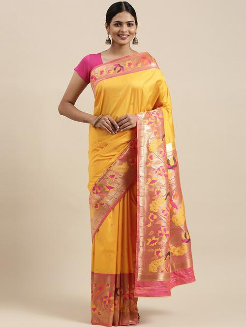 yellow cotton silk paithani saree with blouse - 20202162 - Very Small Image - 1
