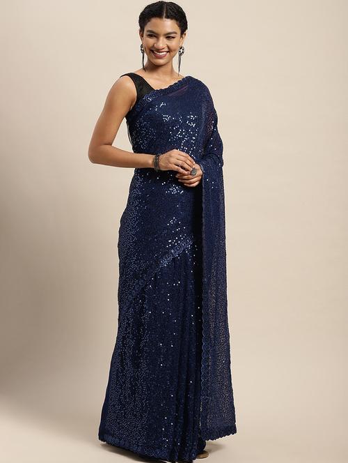 dark blue sequin saree - 20202170 - Very Small Image - 1