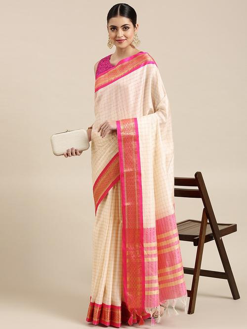 off white woven saree with blouse - 20202174 - Very Small Image - 1