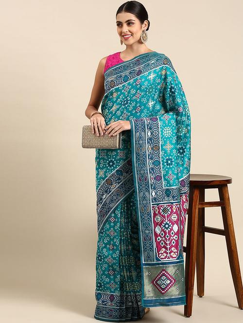 blue silk blend patola saree with blouse - 20202190 - Very Small Image - 1