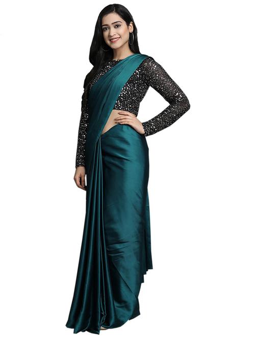 green plain saree with sequin blouse piece - 20202197 - Very Small Image - 1