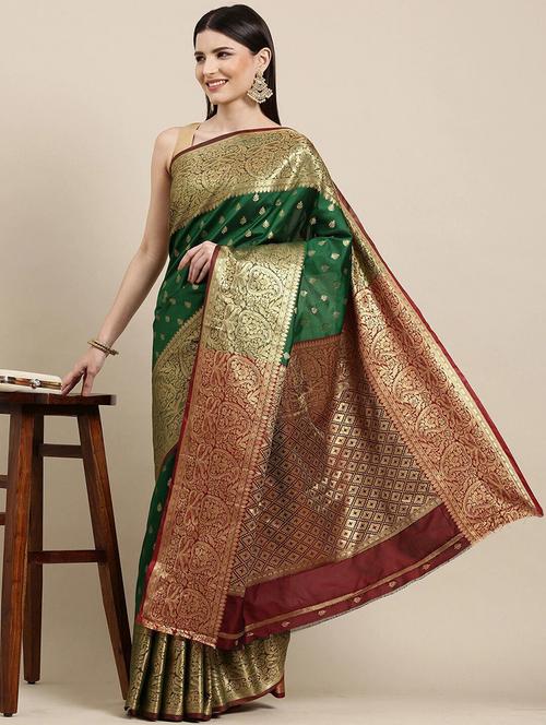 green silk blend banarasi saree with blouse - 20202199 - Very Small Image - 1