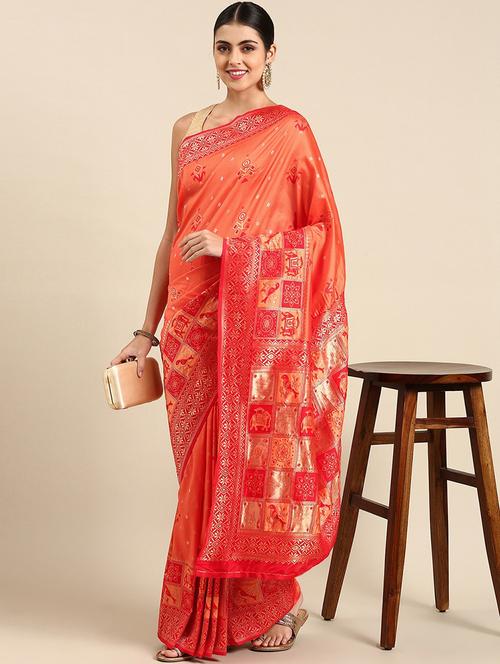 orange silk blend patola saree - 20202229 - Very Small Image - 1