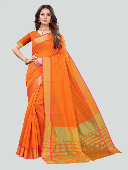 orange cotton blend saree - 20202235 - Very Small Image - 1