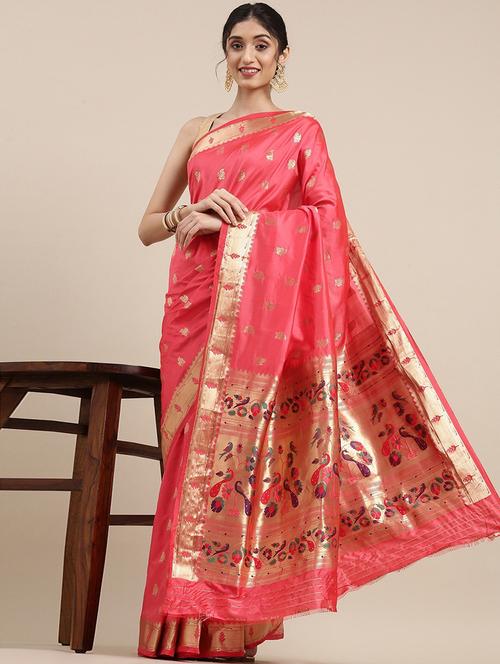 red cotton blend banarasi saree with blouse - 20202254 - Very Small Image - 1