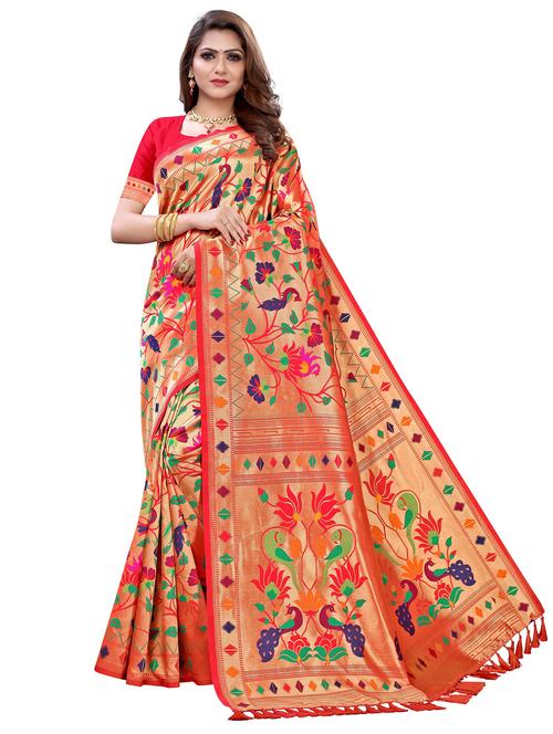 orange cotton blend paithani saree - 20202268 - Very Small Image - 1