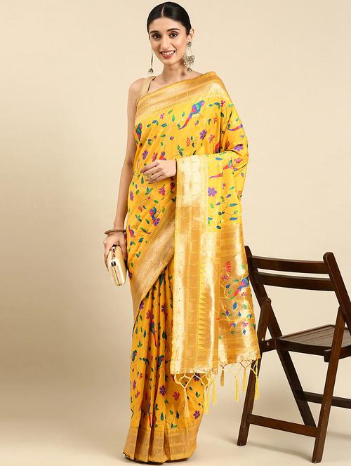 yellow silk blend paithani saree with blouse - 20202272 - Very Small Image - 1