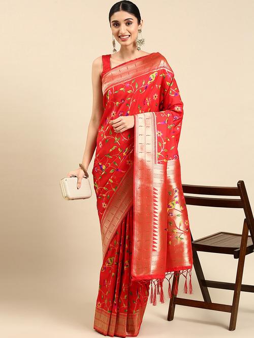 red silk blend paithani saree - 20202280 - Very Small Image - 1