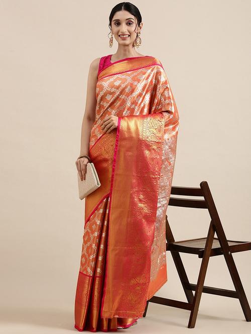 orange silk blend banarasi saree with blouse - 20202295 - Very Small Image - 1