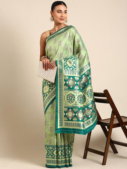 light green silk blend patola saree with blouse - 20202298 - Very Small Image - 1