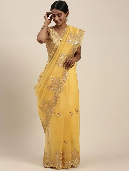 yellow embroidered saree with blouse - 20202306 - Very Small Image - 1