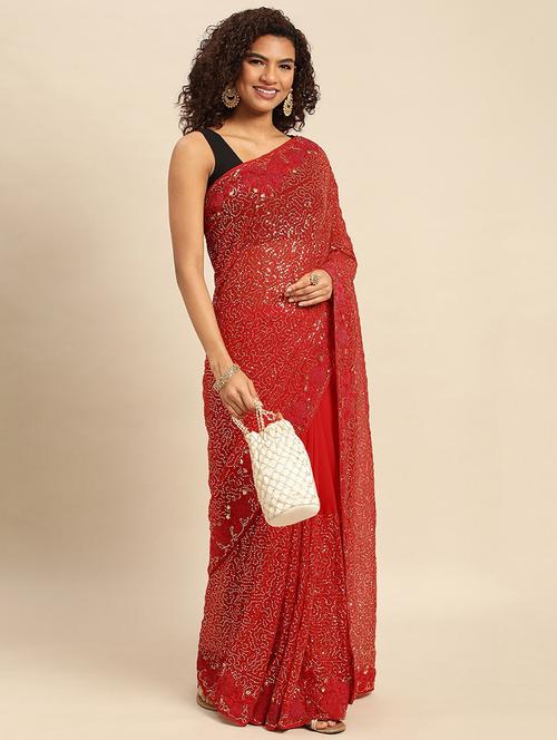 red embroidered saree with blouse - 20202307 - Very Small Image - 1