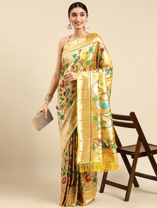 yellow silk blend paithani saree with blouse - 20202311 - Very Small Image - 1