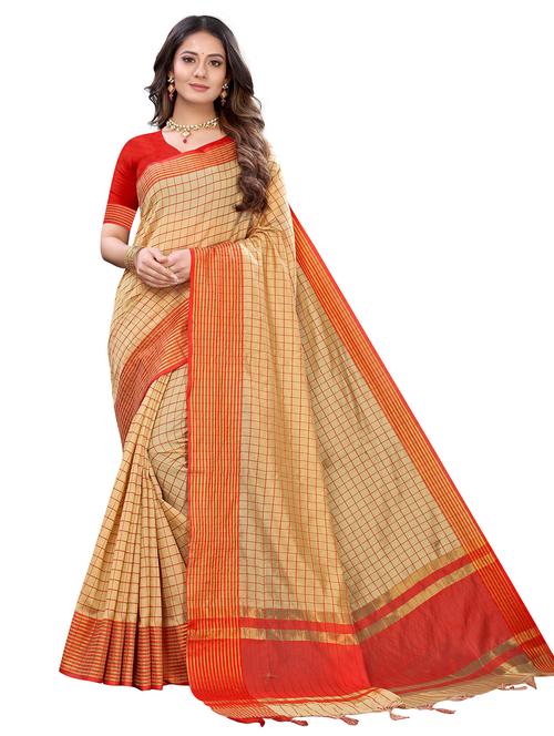 cream cotton blend saree with blouse - 20202313 - Very Small Image - 1