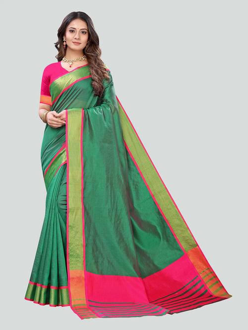 green cotton blend saree with blouse - 20202332 - Very Small Image - 1