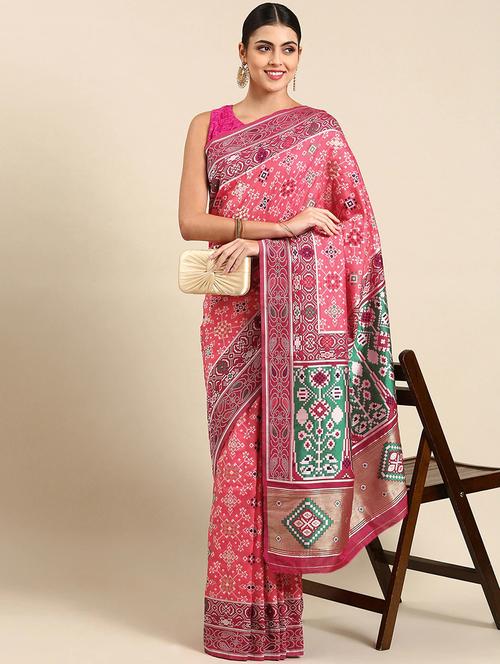 pink silk blend patola saree with blouse - 20202340 - Very Small Image - 1