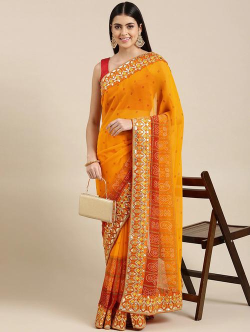 yellow georgette bandhani saree - 20202364 - Very Small Image - 1