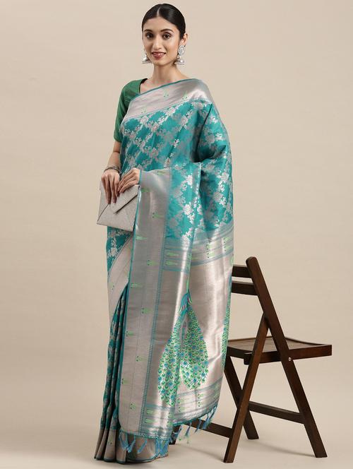 light blue silk blend paithani saree - 20202379 - Very Small Image - 1